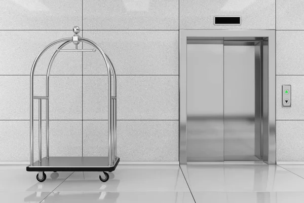 Silver Luxury Hotel Luggage Trolley Cart in front of Modern Elevator or Lift with Metal Doors in Hotel Building extreme closeup. 3d Rendering