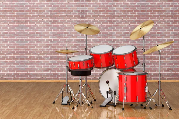 Profissional Rock Red Drum Kit Frente Parede Tijolo Renderização — Fotografia de Stock