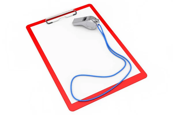 Classic Metal Coaches Whistle Rope Blank Clipboard White Background Rendering — Stock Photo, Image