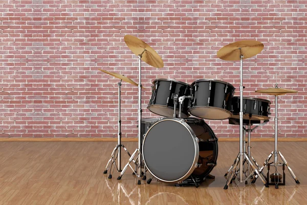 Profissional Rock Black Drum Kit Frente Parede Tijolo Renderização — Fotografia de Stock