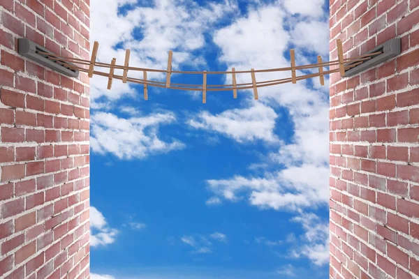 Many Ropes Clothespins Supports Two Break Wall Blue Sky Background — Stock Photo, Image