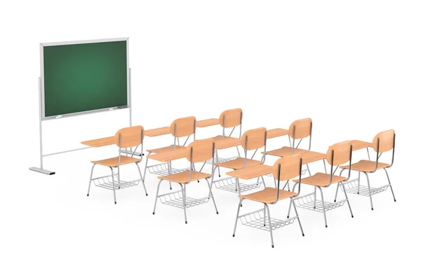 Rows Wooden Lecture School College Desk Tables Chairs Chalkboard White — Stock Photo, Image