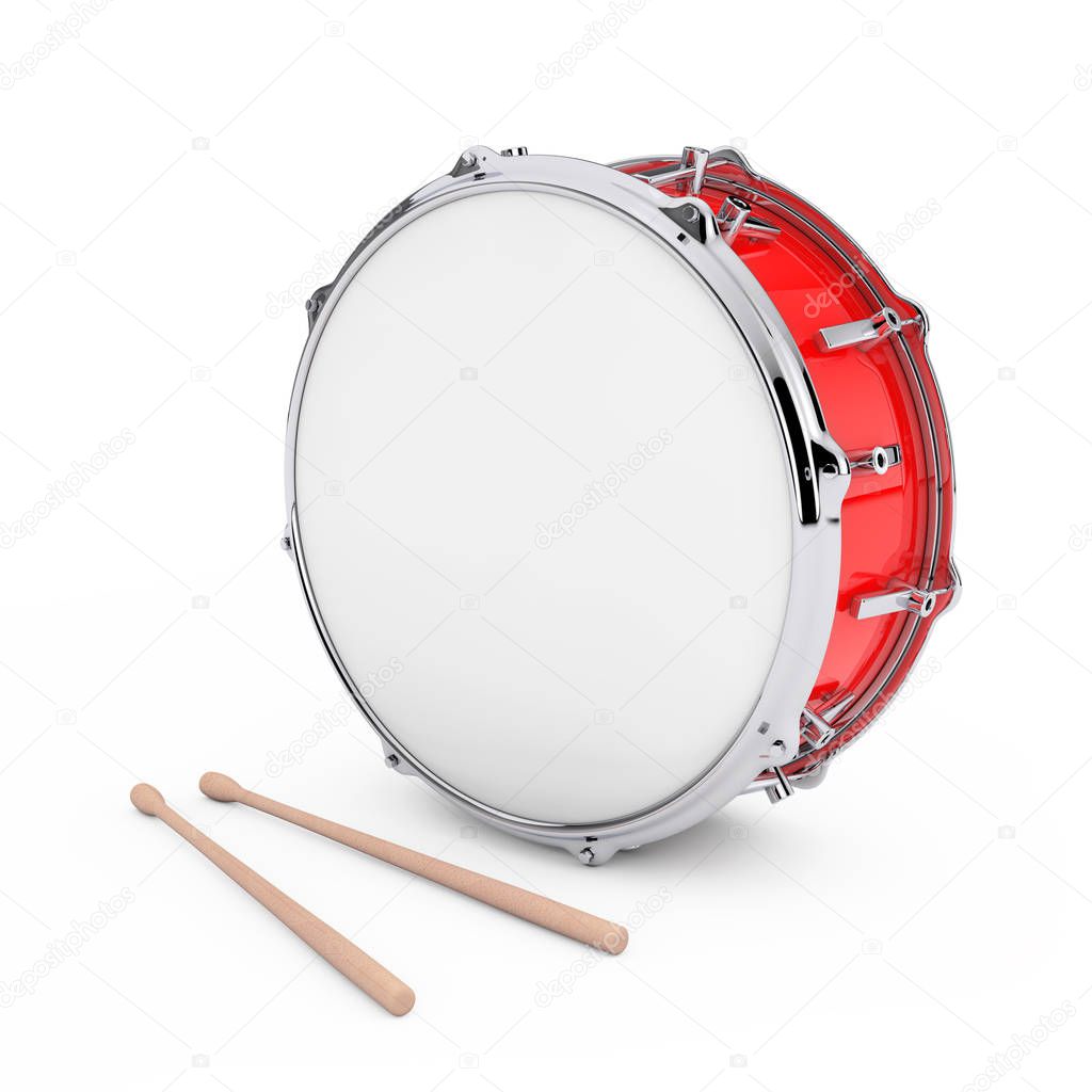 Red Bass Drum with Pair of Drum Sticks on a white background. 3d Rendering