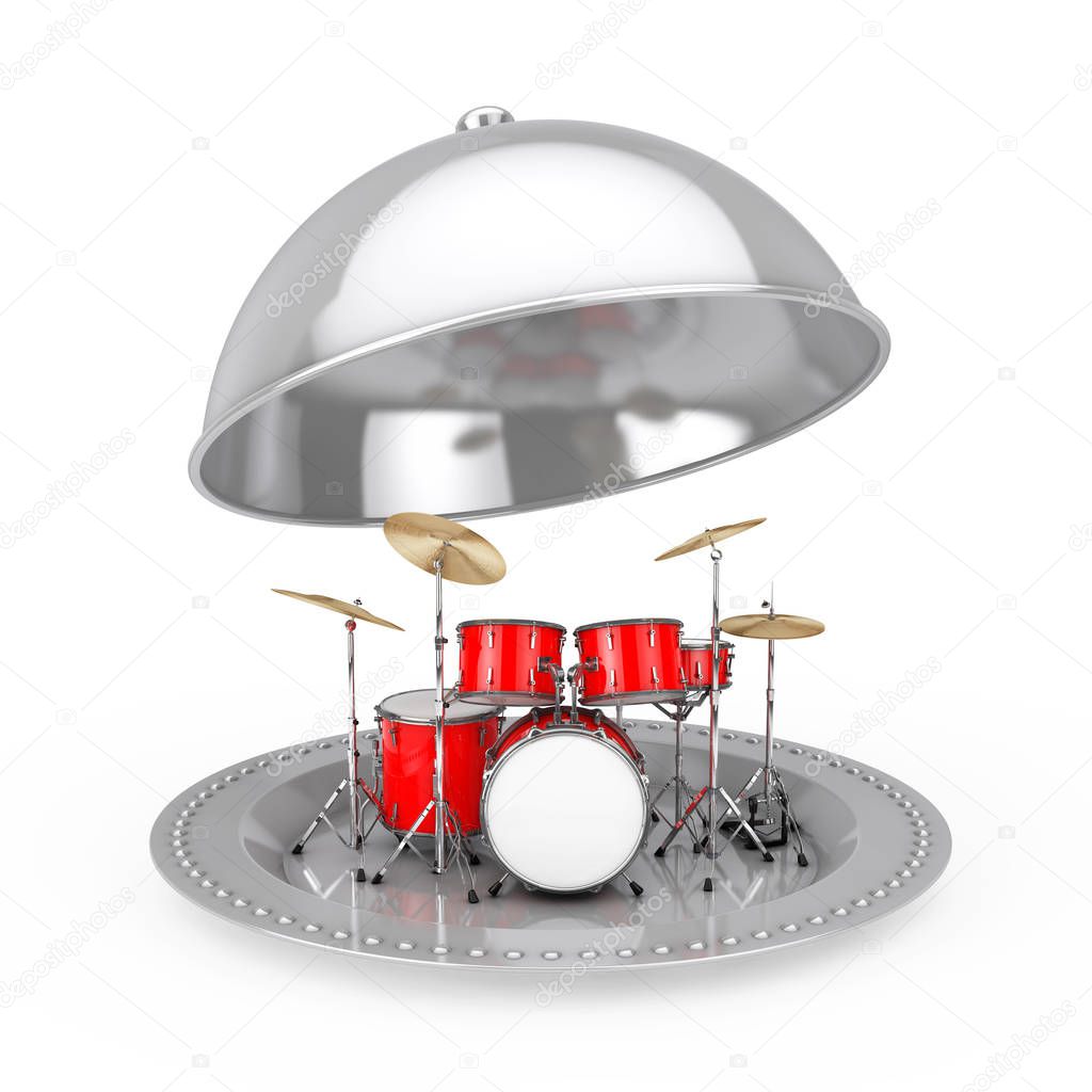 Professional Rock Red Drum Kit Inside Silver Restaurant Cloche on a white background. 3d Rendering
