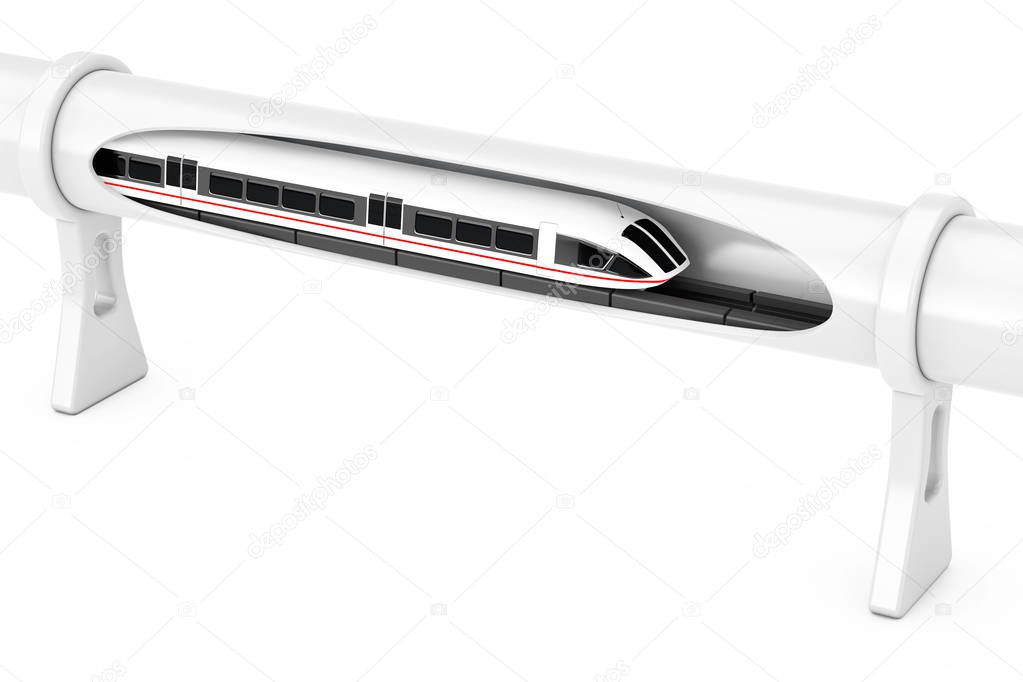 Super High Speed Futuristic  Magnetic Levitation Train Moving in a Vacuum Tunnel on a white background. 3d Rendering