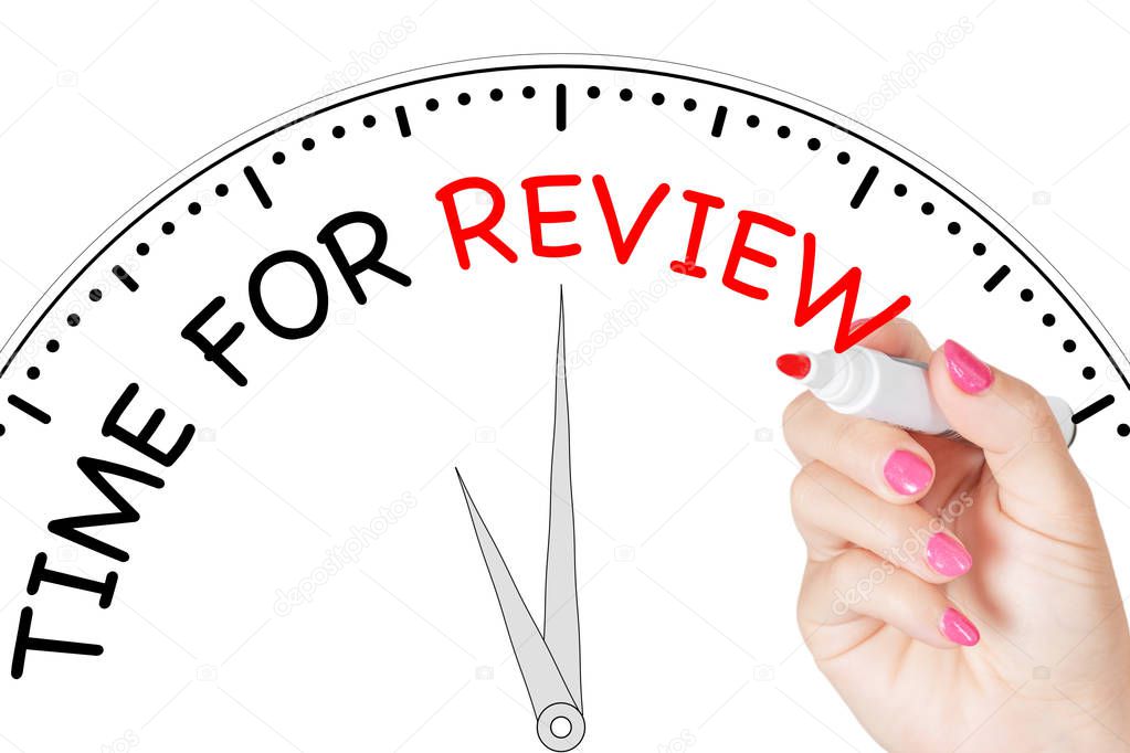 Woman Hand Writing Time for Review Message with Red Marker on Transparent Wipe Board on a white background. 3d Rendering