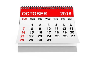 2018 yıl takvim. Beyaz bir arka plan üzerinde Ekim takvimi. 3D render