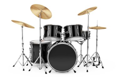 Profesyonel Rock siyah Drum Kit beyaz zemin üzerinde. 3D render