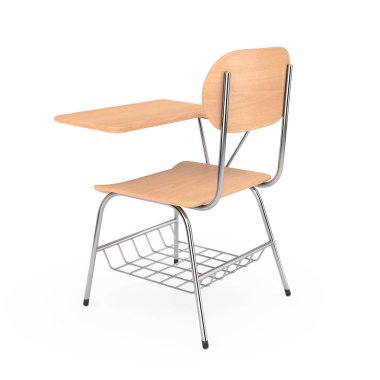 Tahta ders okul veya üniversite resepsiyon masa sandalye üzerinde beyaz bir arka plan ile. 3D render