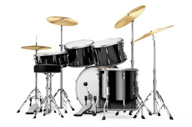 Profesyonel Rock siyah Drum Kit beyaz zemin üzerinde. 3D render