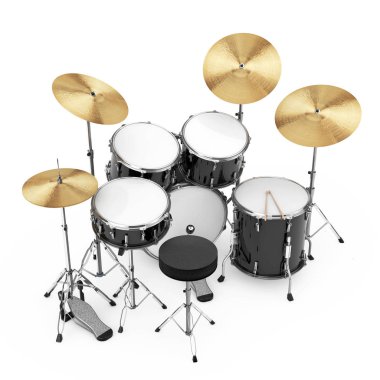 Profesyonel Rock siyah Drum Kit beyaz zemin üzerinde. 3D render
