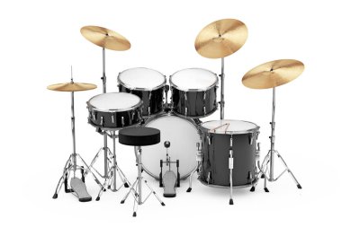 Profesyonel Rock siyah Drum Kit beyaz zemin üzerinde. 3D render