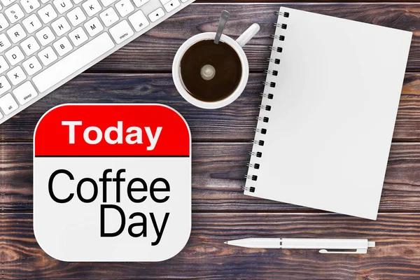 今日はコーヒーの日アイコンです 空白メモ帳ペン コンピューターのキーボードと木製のテーブルにコーヒーのカップ レンダリング — ストック写真
