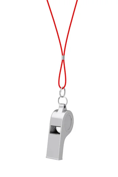 Classic Metal Coaches Whistle Appeso Corda Rossa Sfondo Bianco Rendering — Foto Stock