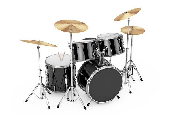 Professional Rock Black Drum Kit on a white background. 3d Rendering