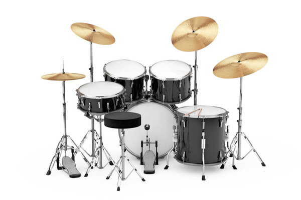 Professional Rock Black Drum Kit on a white background. 3d Rendering