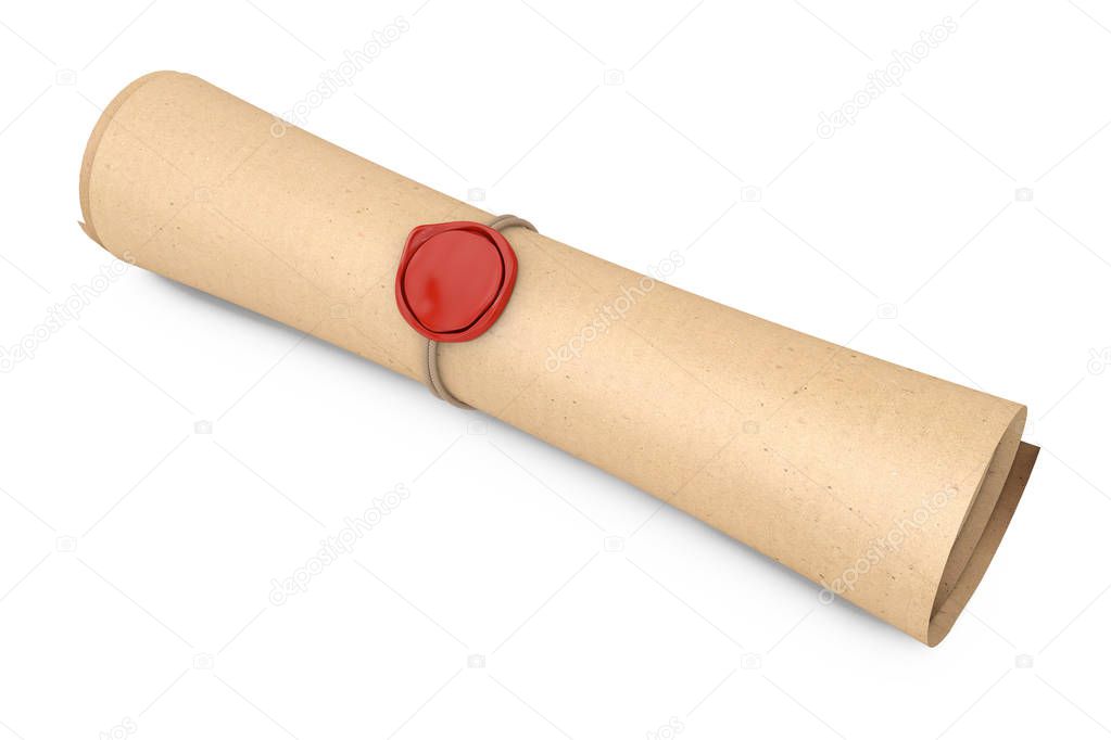 Old Rolled Paper with Seal with Sealing Wax on a white background. 3d Rendering