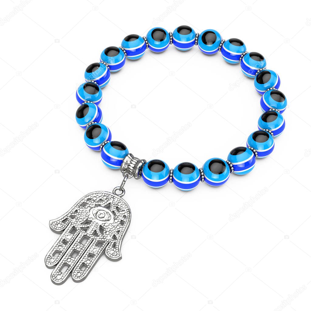 Bracelet with Silver Hamsa, Hand of Fatima Amulet and Evil Eye Beads on a white background. 3d Rendering