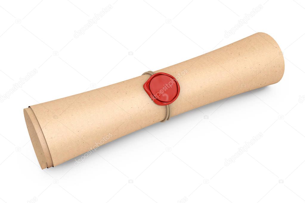 Old Rolled Paper with Seal with Sealing Wax on a white background. 3d Rendering