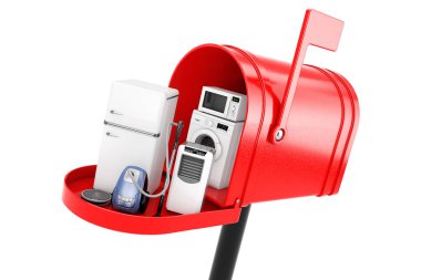 Ev aletleri beyaz zemin üzerine kırmızı posta kutusunda ayarlayın. 3D render