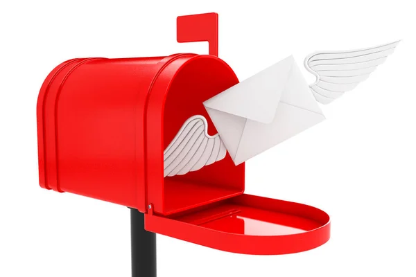 Lettre Enveloppe Blanche Avec Wing Flying Red Mailbox Sur Fond — Photo