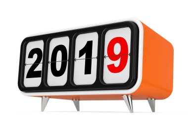 Retro Flip saat 2019 ile yeni yıl beyaz bir arka plan üzerinde oturum açın. 3D render