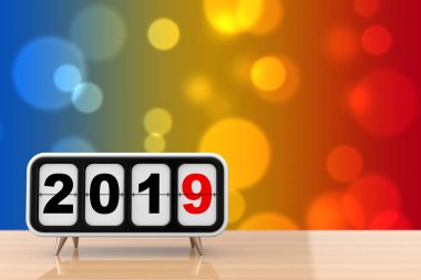 Retro Flip saat 2019 ile yeni yıl ahşap bir masa üzerinde oturum açın. 3D render