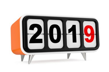 Retro Flip saat 2019 ile yeni yıl beyaz bir arka plan üzerinde oturum açın. 3D render