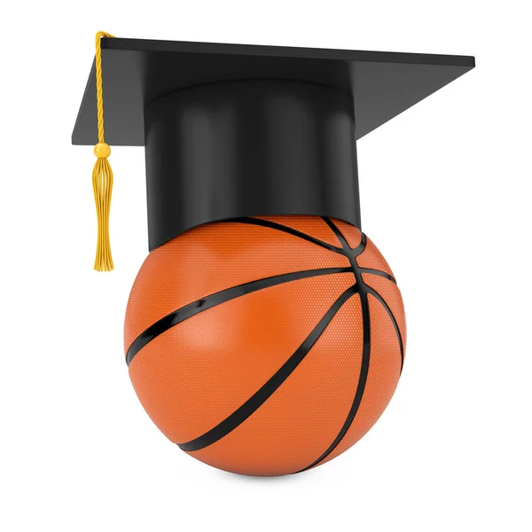 Graduação Cap Acadêmico Sobre Orange Basketball Ball Fundo Branco Renderização — Fotografia de Stock