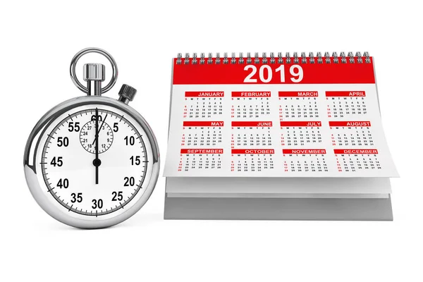 Jahreskalender 2019 Mit Stoppuhr Auf Weißem Hintergrund Darstellung — Stockfoto