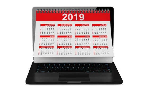 2019 Yılı Takvimi Laptop Ekran Üzerinde Beyaz Bir Arka Plan — Stok fotoğraf