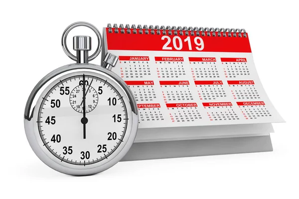 Jahreskalender 2019 Mit Stoppuhr Auf Weißem Hintergrund Darstellung — Stockfoto