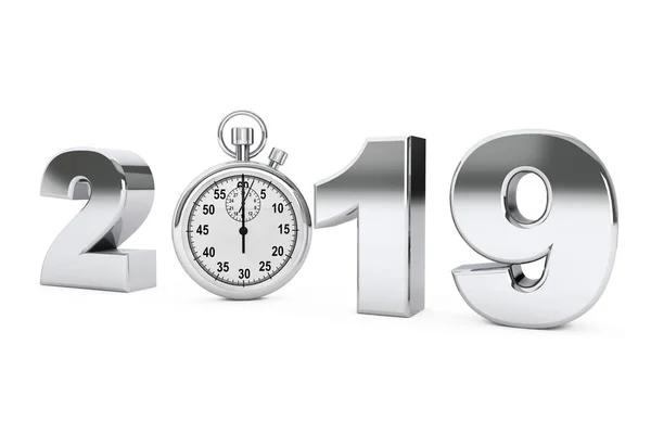 New Year 2019 Concept 2019 Steel Sign Stopwatch White Background — Stock Photo, Image