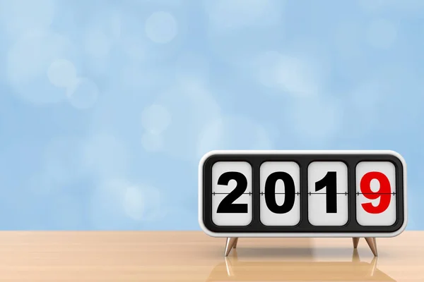 Retro Flip Clock with 2019 New year Sign on a wooden table. 3d Rendering