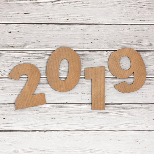 Cardstock Numbers 2019 Happy New Year Sign Wooden Table Background — Stock Photo, Image