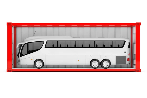 Big White Coach Tour Bus Contenedor Envío Rojo Con Pared — Foto de Stock
