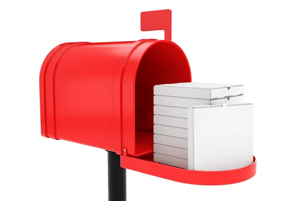 在白色背景红色邮箱的白色空白纸板比萨饼盒栈 — 图库照片