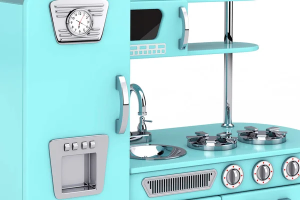 Bleu Vintage Toy Kitchen Extreme Gros Plan Sur Fond Blanc — Photo