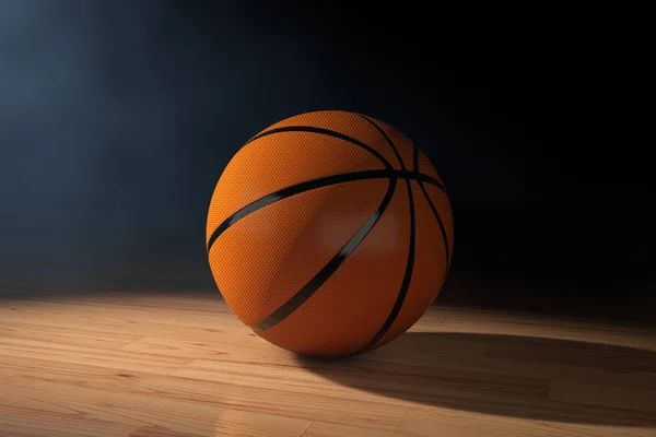Pallone Basket Arancione Pavimento Legno Sfondo Nero Rendering — Foto Stock