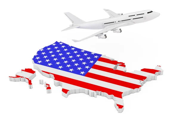 White Jet Passenger Airplane Flying Usa Map Flag White Background —  Fotos de Stock