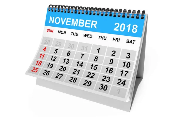 2018 Jaarkalender Kalender Van November Een Witte Achtergrond Rendering — Stockfoto