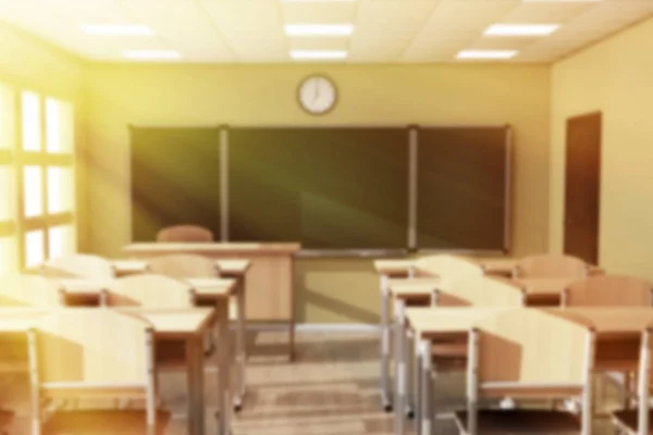 Vista Desfocada Chalkboard Com Linhas Madeira Lecture School Mesas Mesa — Fotografia de Stock