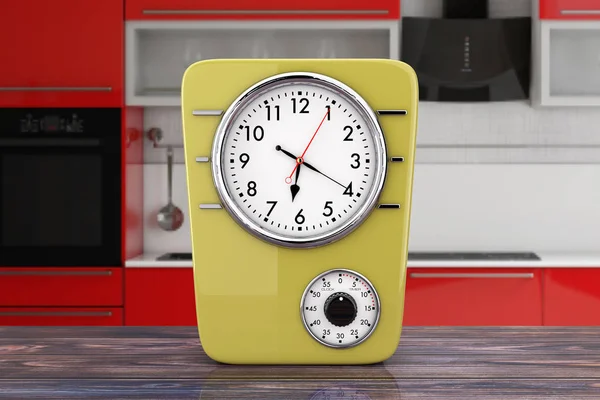 复古风格的厨房时钟与定时器在一个木桌上 — 图库照片