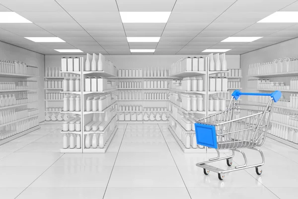 Shopping Cart near Market Shelving Rack with Blank Products or Goods in Clay Style as Supermarket Interior extreme closeup. 3d Rendering.