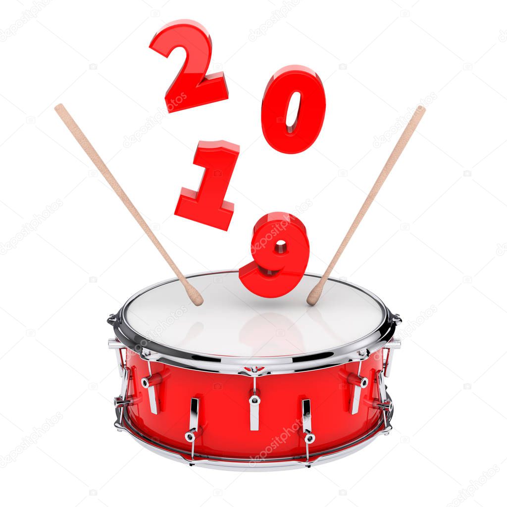 Red Snare Drum with Pair of Drum Sticks and 2019 New Year Sign on a white background. 3d Rendering