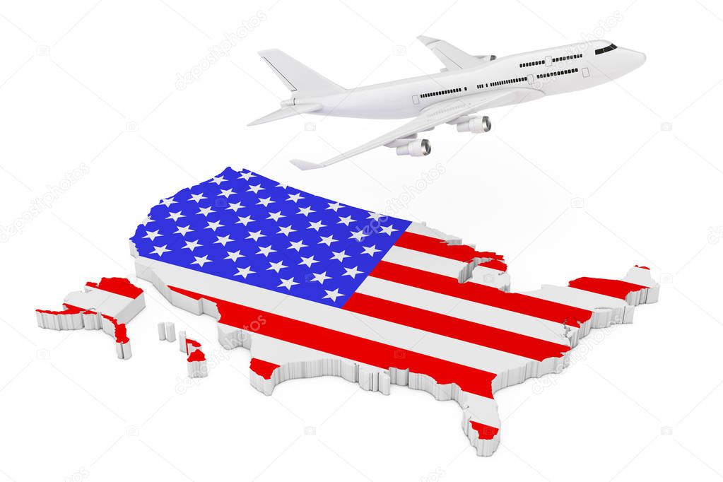 White Jet Passenger's Airplane Flying Over USA Map with Flag on a white background. 3d Rendering