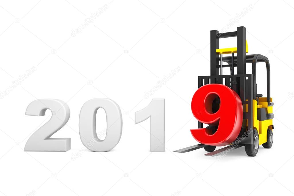 Forklift Truck with 2019 New Year Sign on a white background. 3d Rendering