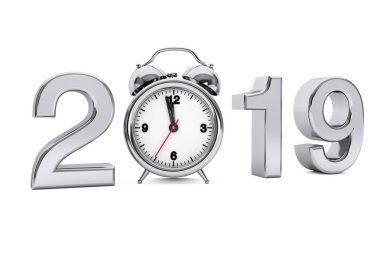 Yeni yıl 2019 kavramı. 2019 çelik işareti çalar saat üzerinde beyaz bir arka plan ile. 3D render