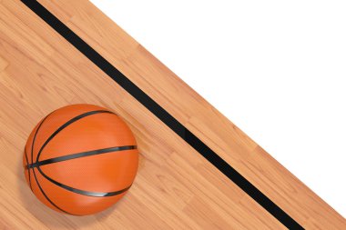 Turuncu basketbol topu bir ahşap zemin üzerinde. 3D render