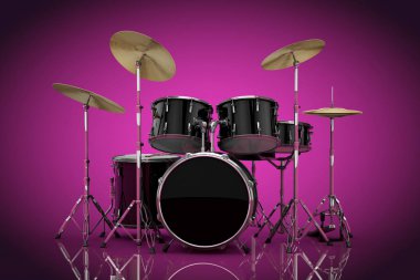 Profesyonel Rock siyah Drum Kit kırmızı kırmızı zemin üzerine. 3D render